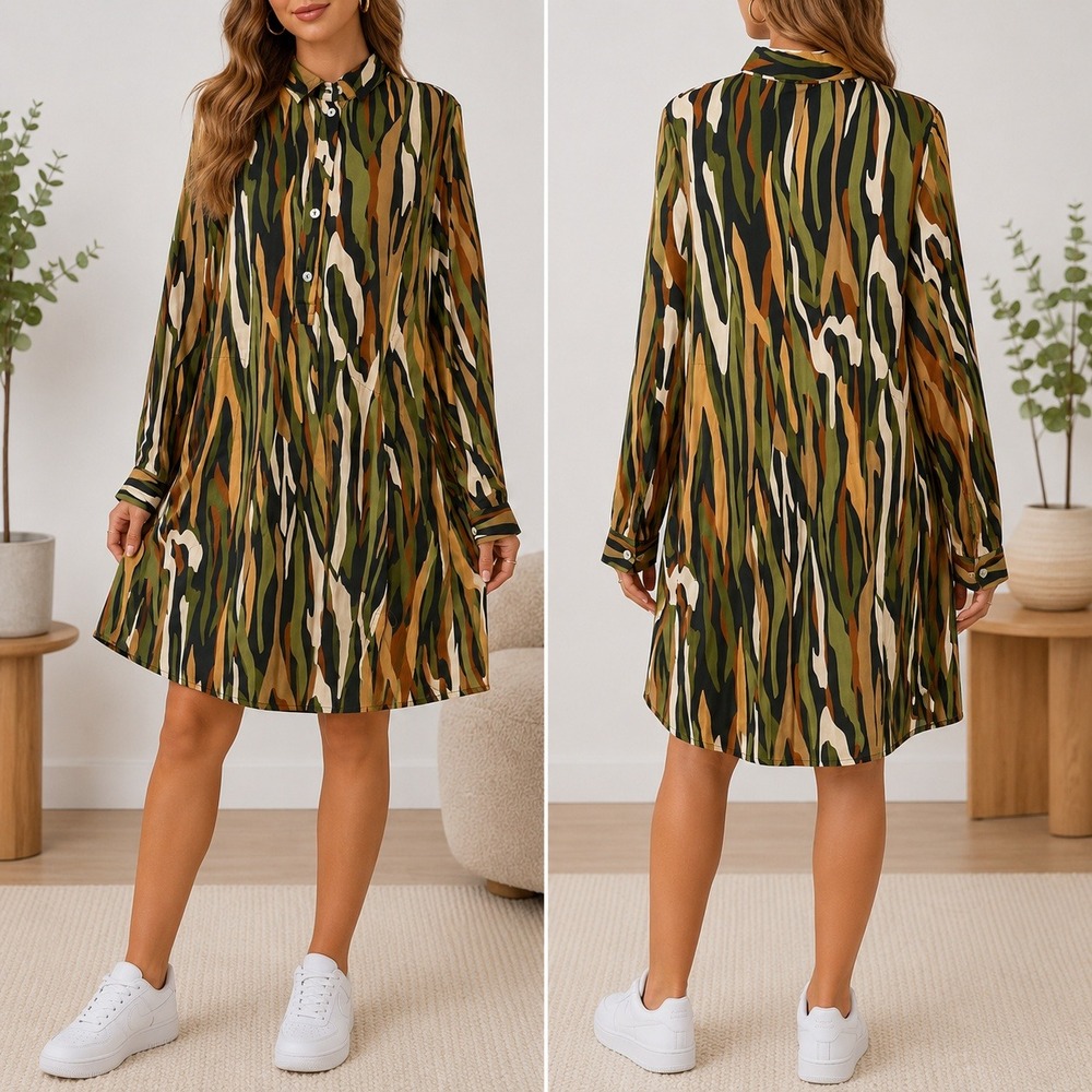 ALEMBIKA Shirt Dress Sz 2 Multi Camo‎ Abstract Viscose Pockets Earthy Artsy
